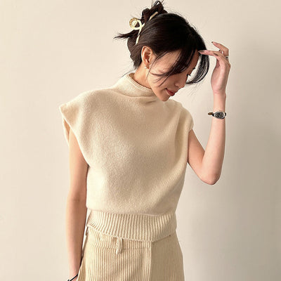 Winter French high-end high neck loose casual versatile sleeveless knitted sweater top for women