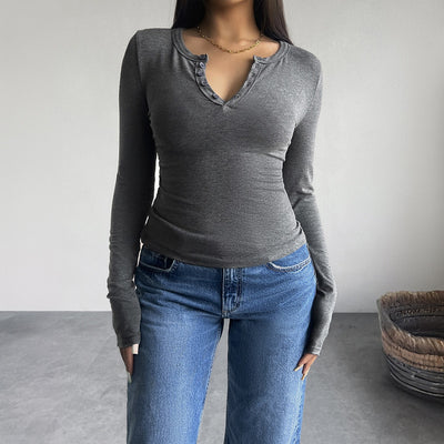 Autumn and winter top women's Y2K temperament slim fit V-neck button long sleeved T-shirt