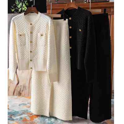 Xiaoxiangfeng Bubble Texture Gold Buckle Cardigan+Wide Leg Pants Set