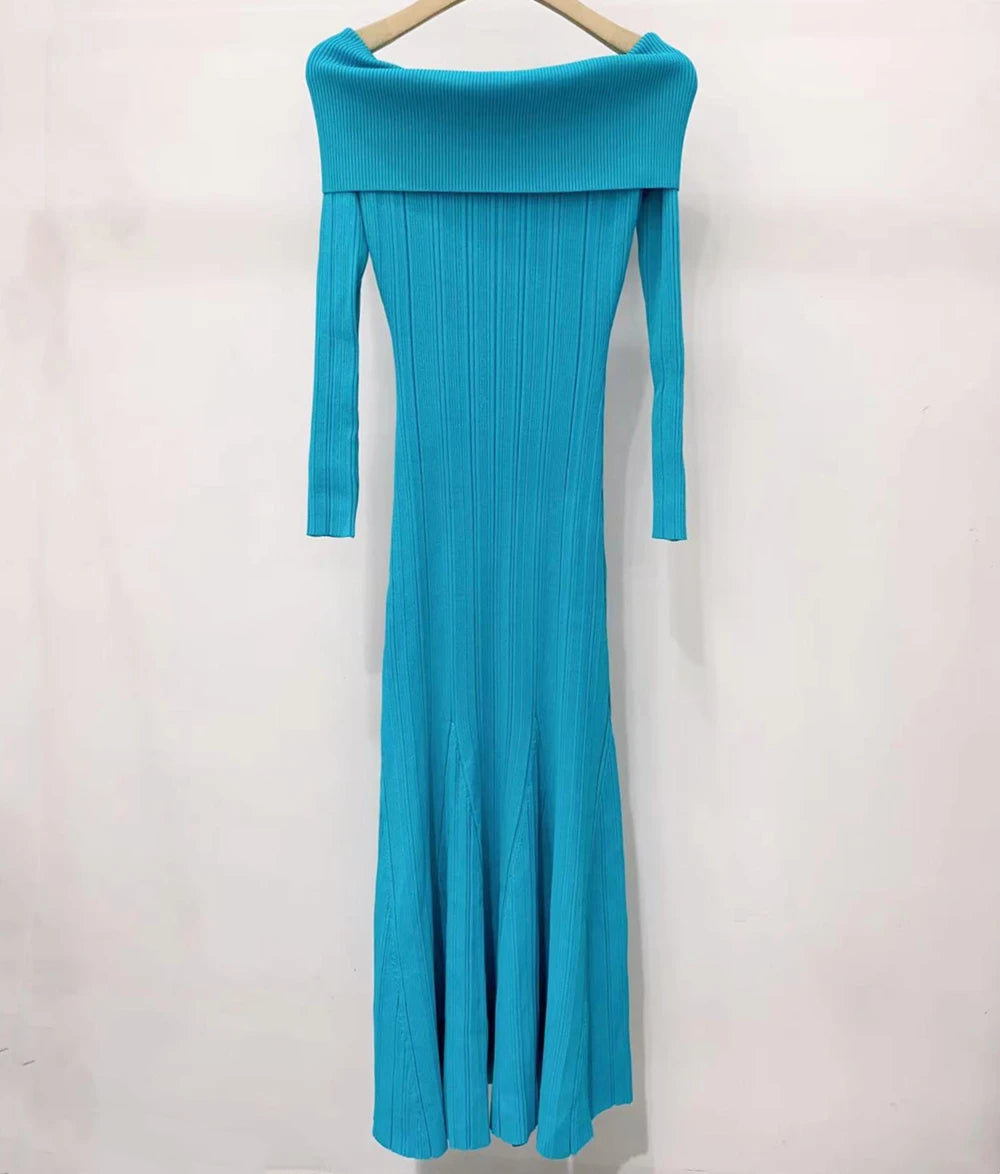 New Arrive Knitted Elastic Women Midi Dress Full Sleeve Strapless Slim Female Fishtail Dress