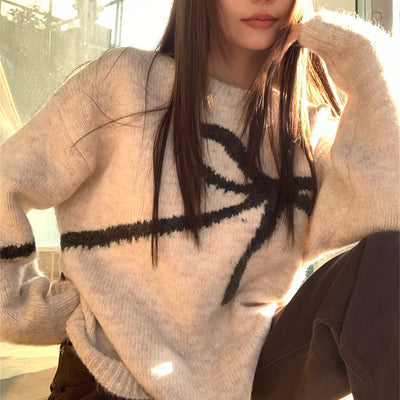 Versatile design butterfly knot knitted loose soft and sticky round neck pullover sweater