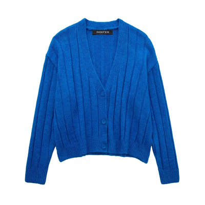 Fashion V-neck single breasted blue versatile knitted cardigan for women