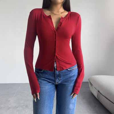 Autumn and winter top women's Y2K solid color slim fit cardigan button long sleeved T-shirt