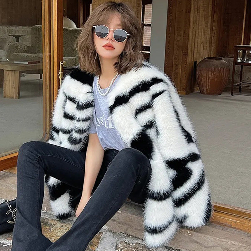 Women's Winter Zebra Mink Pattern Faux Fox Fur Coat Short Style Fur Thickened Faux Fur Artificial Fur