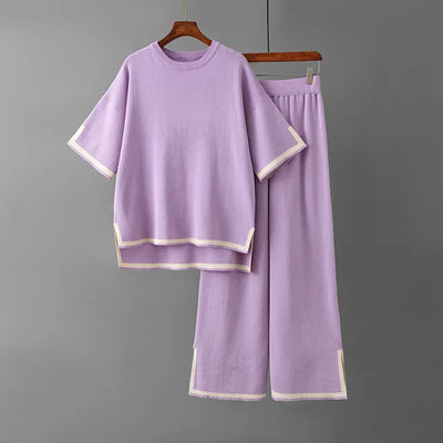 Minimalist Style Patchwork O-neck Short Sleeve Loose Sweater Casual Tops High Waist Pant 2 Piece Set