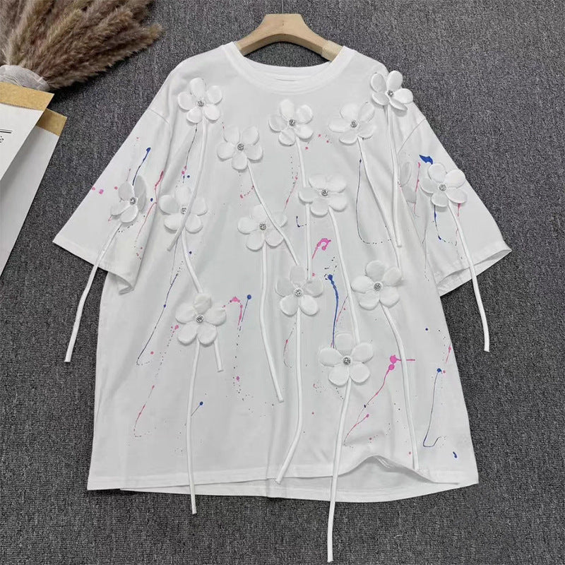 Three dimensional flower nail bead T-shirt for women mid to long style fashionable loose top trendy brand