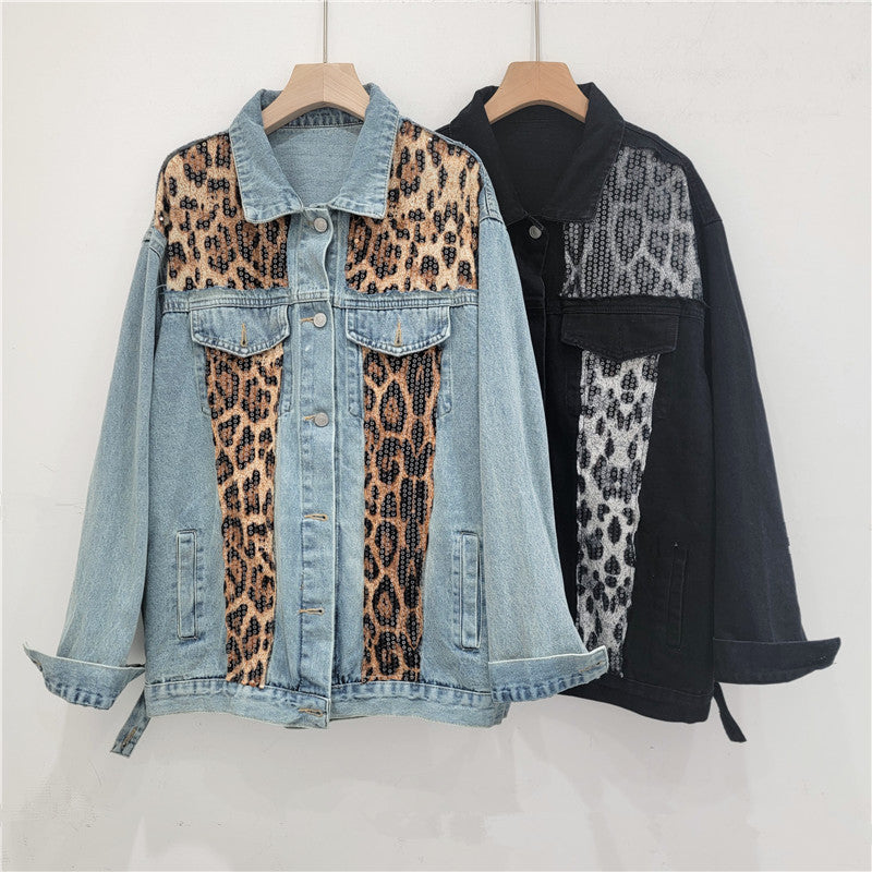 European and American style American retro leopard print sequin patchwork denim jacket casual loose large version all-match jacket top