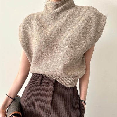 Winter French high-end high neck loose casual versatile sleeveless knitted sweater top for women