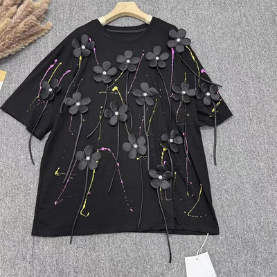 Three dimensional flower nail bead T-shirt for women mid to long style fashionable loose top trendy brand