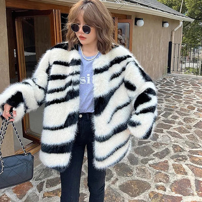 Women's Winter Zebra Mink Pattern Faux Fox Fur Coat Short Style Fur Thickened Faux Fur Artificial Fur