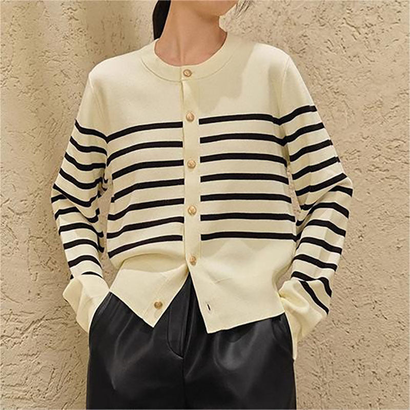 Fashionable contrasting retro striped knitted cardigan women's long sleeved sweater women's top outerwear trend