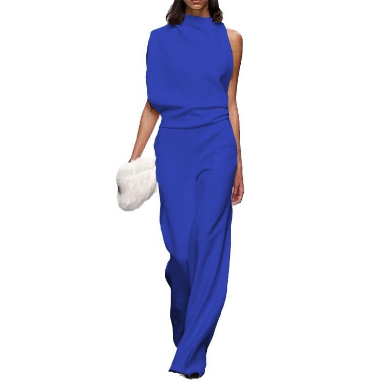 Solid color single shoulder pile up collar jumpsuit for women, hot selling hot selling dress pants