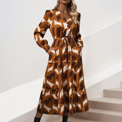 Hot selling long sleeved printed V-neck dress for European and American women's clothing in spring and autumn