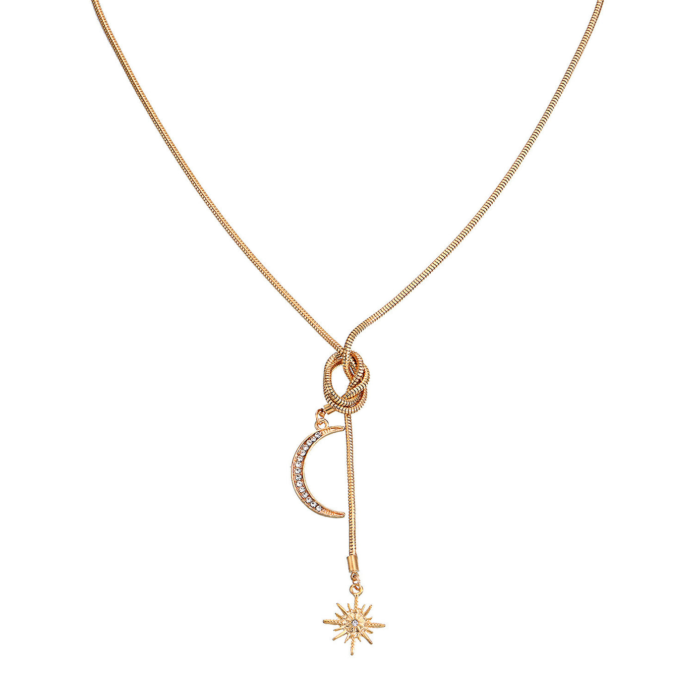 Simple Snake Bone Chain Sun Flower Diamond Crescent Pendant Necklace