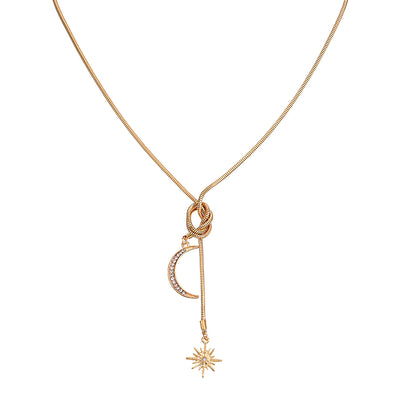 Simple Snake Bone Chain Sun Flower Diamond Crescent Pendant Necklace