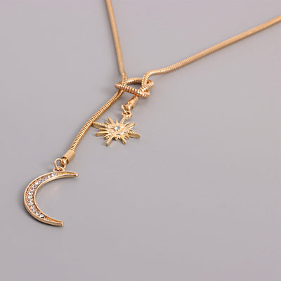 Simple Snake Bone Chain Sun Flower Diamond Crescent Pendant Necklace