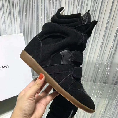 Genuine Leather Height Increasing Casual Shoes Women's Hidden Wedges Sneakers Hook Loop Trainers High Top