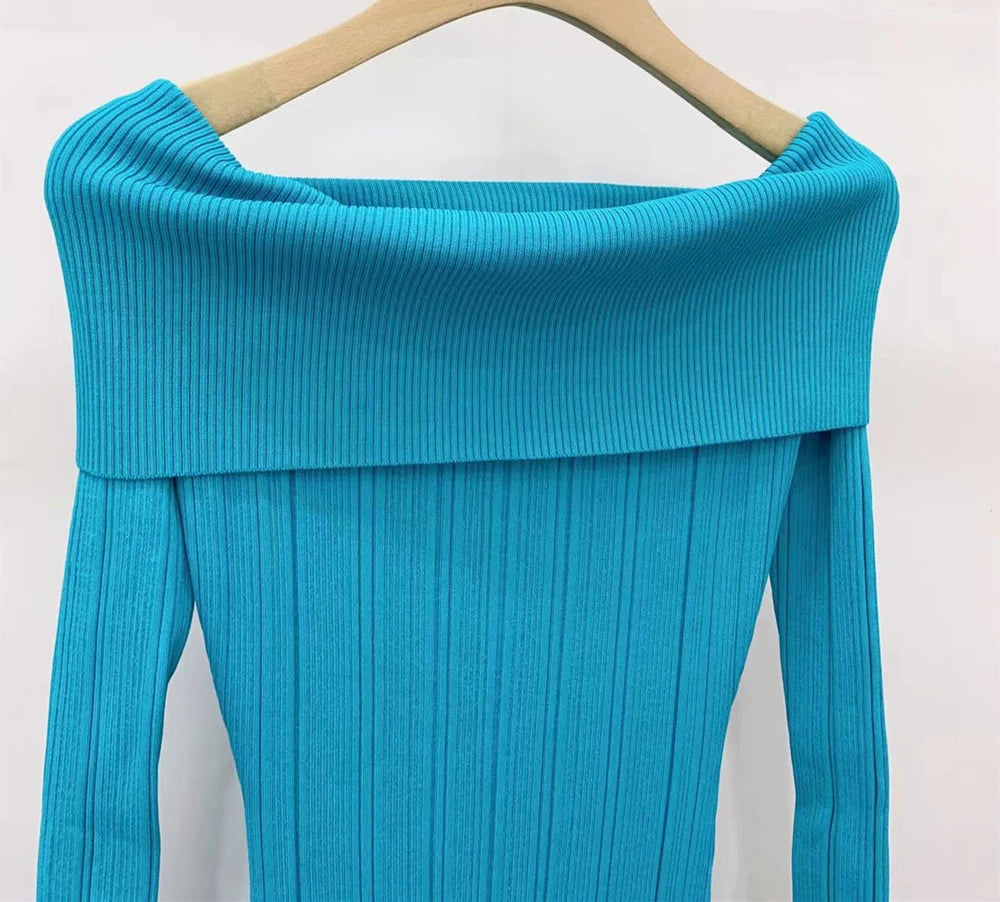 New Arrive Knitted Elastic Women Midi Dress Full Sleeve Strapless Slim Female Fishtail Dress