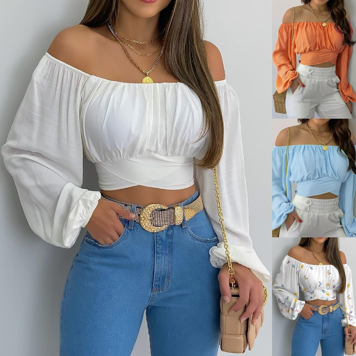 Hot Selling Womens Off Shoulder Cross Tie Long Sleeved Top In Europe and America