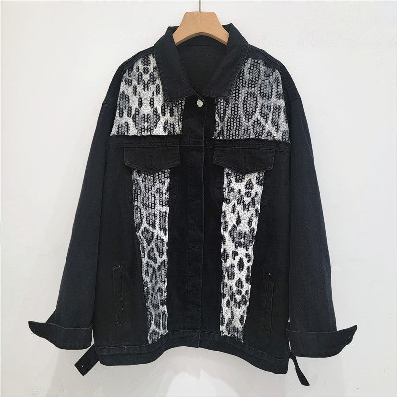 European and American style American retro leopard print sequin patchwork denim jacket casual loose large version all-match jacket top