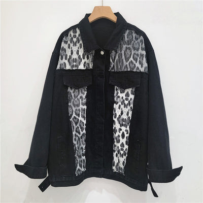 European and American style American retro leopard print sequin patchwork denim jacket casual loose large version all-match jacket top