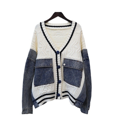 Cowboy patchwork knitted cardigan loose casual versatile lazy sweater jacket