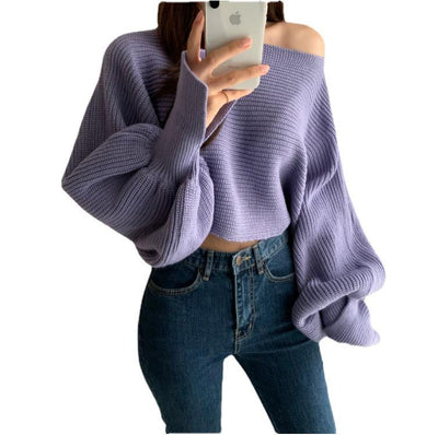 Autumn winter women's fashionable contrast color lantern sleeves slit design one-shoulder sweater high waist loose short knitted sweater