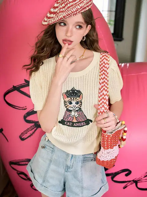 Summer Stylish Sweater Tops Women Cartoon Embroidered Hollow Knit Pullover T-shirts Short Sleeve O-neck Chic Fashion Knitwear