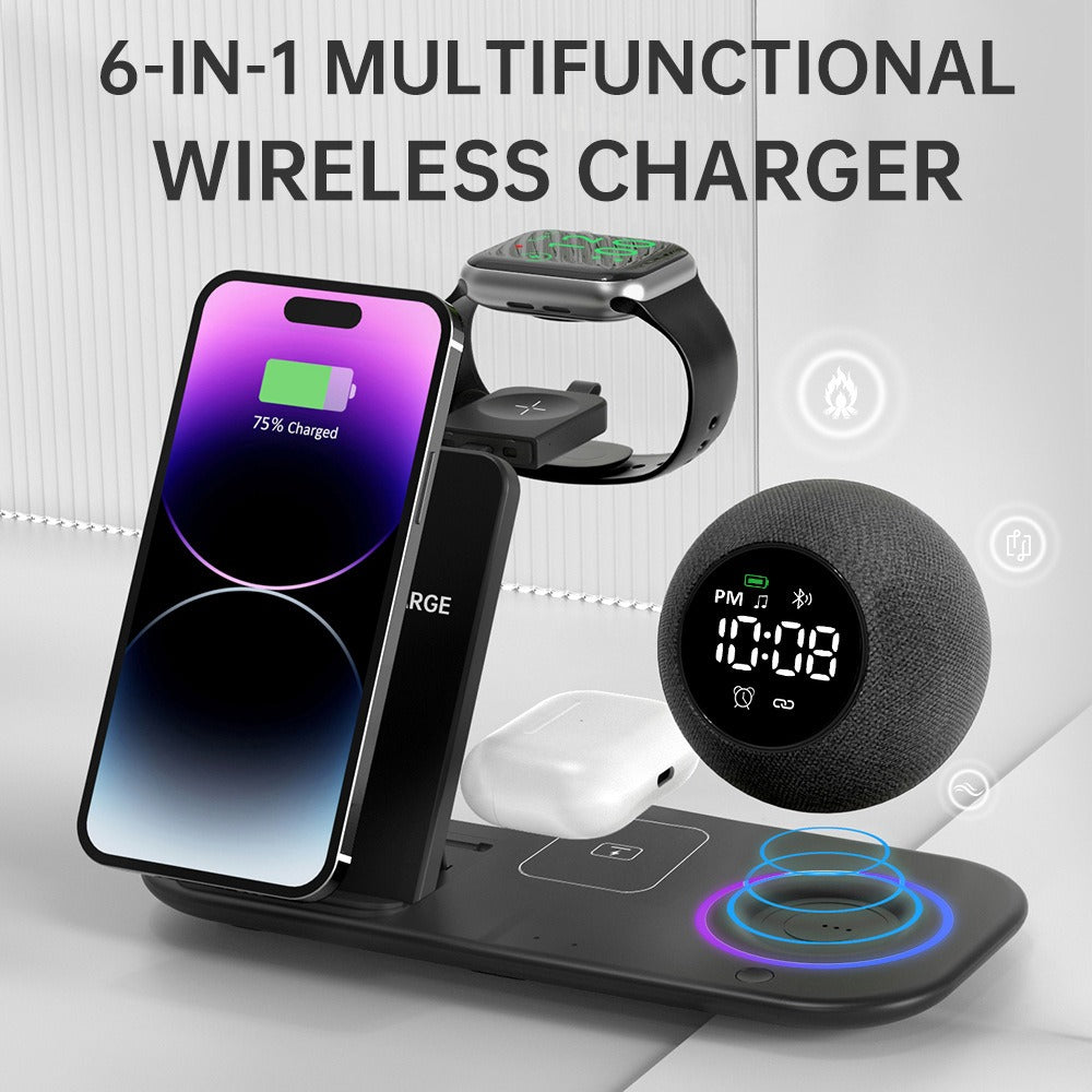 Six in one mobile phone watch headphones wireless charging clock alarm Bluetooth speaker night light