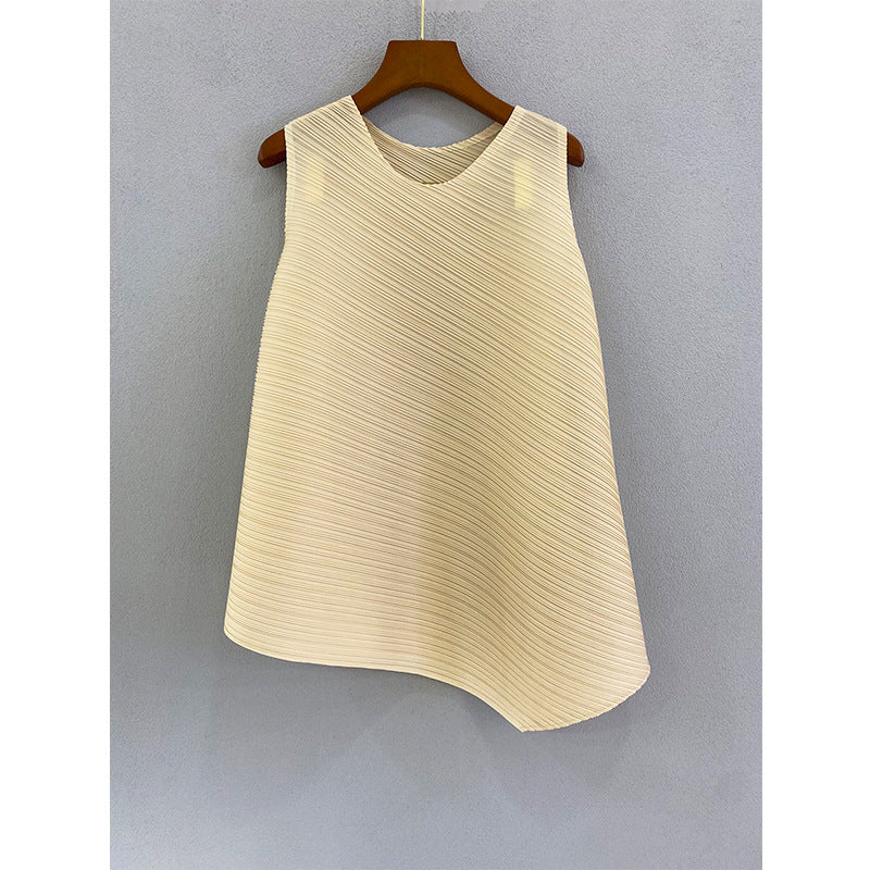 All-Match Irregular Pleated Top Women's Summer New Solid Color Sleeveless Casual Loose T-Shirt