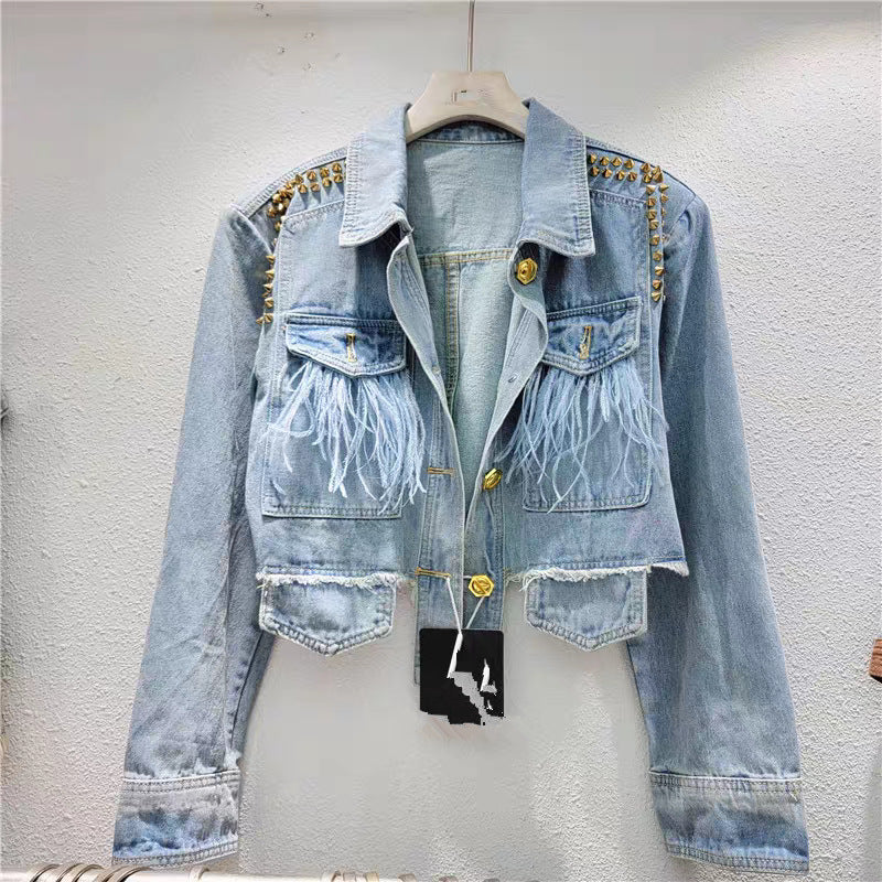 New Street Hot Girl Metal Rivet Haired Heavy duty Cowboy Jacket Short Coat