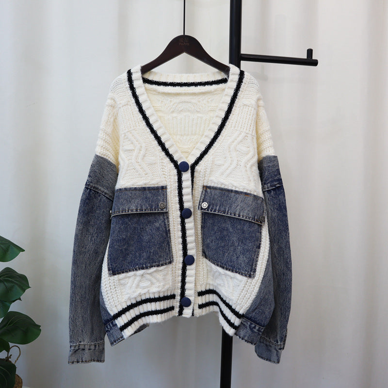 Cowboy patchwork knitted cardigan loose casual versatile lazy sweater jacket