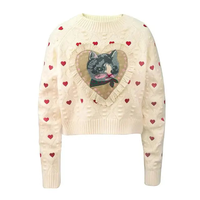 Cat Heart Jacquard Knit Sweater Pullover Women Spring Long Sleeve O-neck Tops Knitwear Stylish Fashion Chic Ladies Jumpers