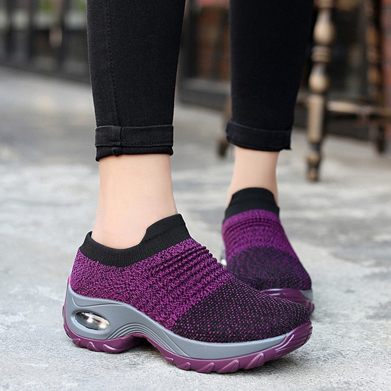 Spring Women Sneakers Shoes Flat Slip on Platform Sneakers for Women Black Breathable Mesh Sock Sneakers Shoes