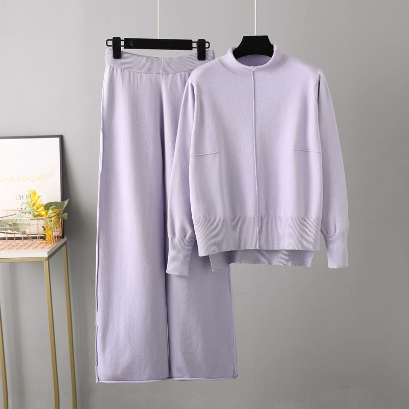 Knitted sweater two-piece set, women's autumn and winter loose casual wide leg pants set, internet famous temperament