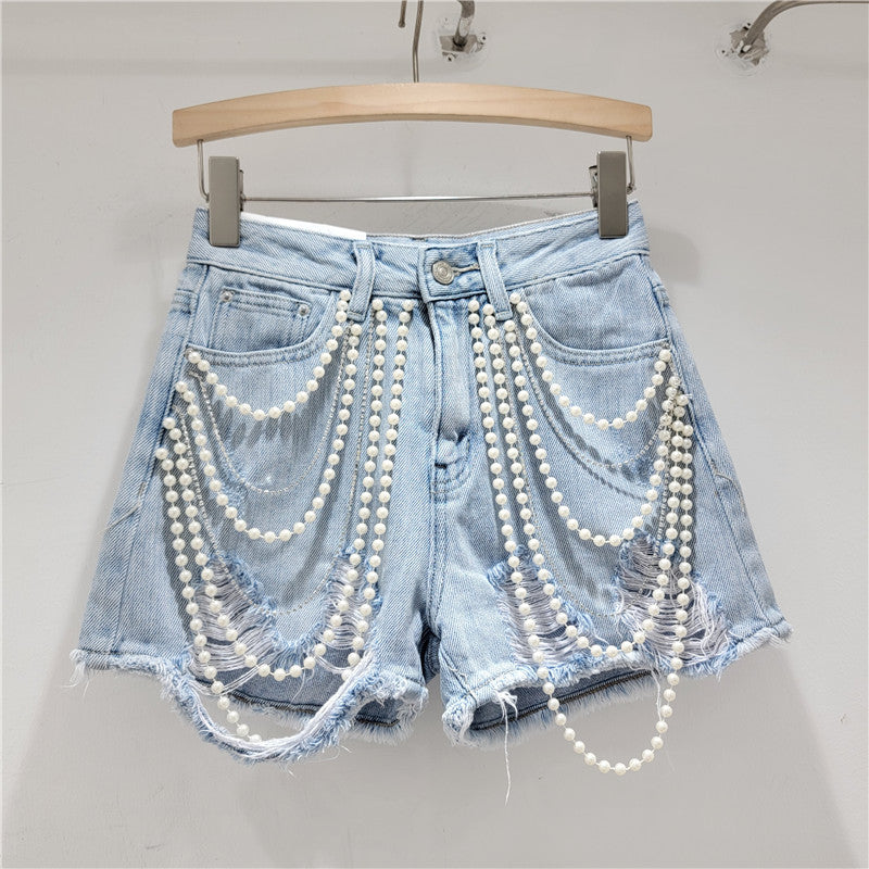 Chain handmade bead rough edge washed water personalized denim shorts high waist slimming hot pants