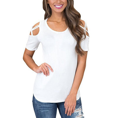 Women Loose Strappy Cold Shoulder Tops Basic T-Shirts