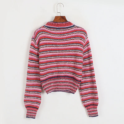 V-neck thick sweater women's autumn and winter women's fashion socialite style high waist small loose pink striped knitted sweater