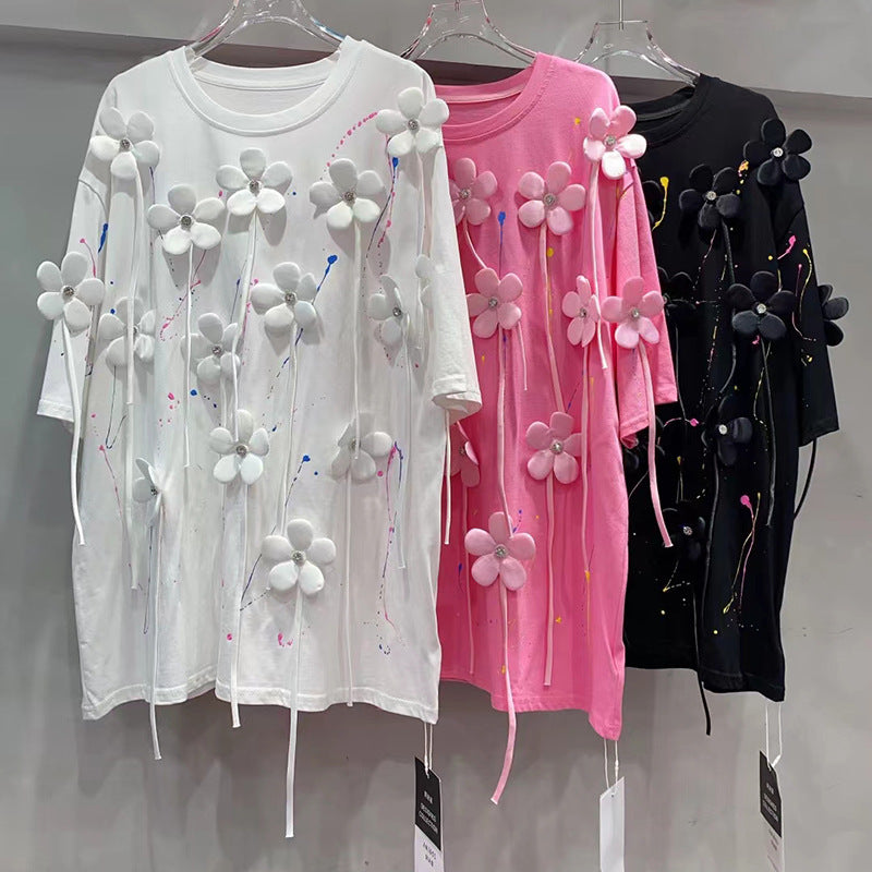 Three dimensional flower nail bead T-shirt for women mid to long style fashionable loose top trendy brand