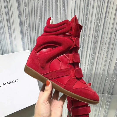 Genuine Leather Height Increasing Casual Shoes Women's Hidden Wedges Sneakers Hook Loop Trainers High Top