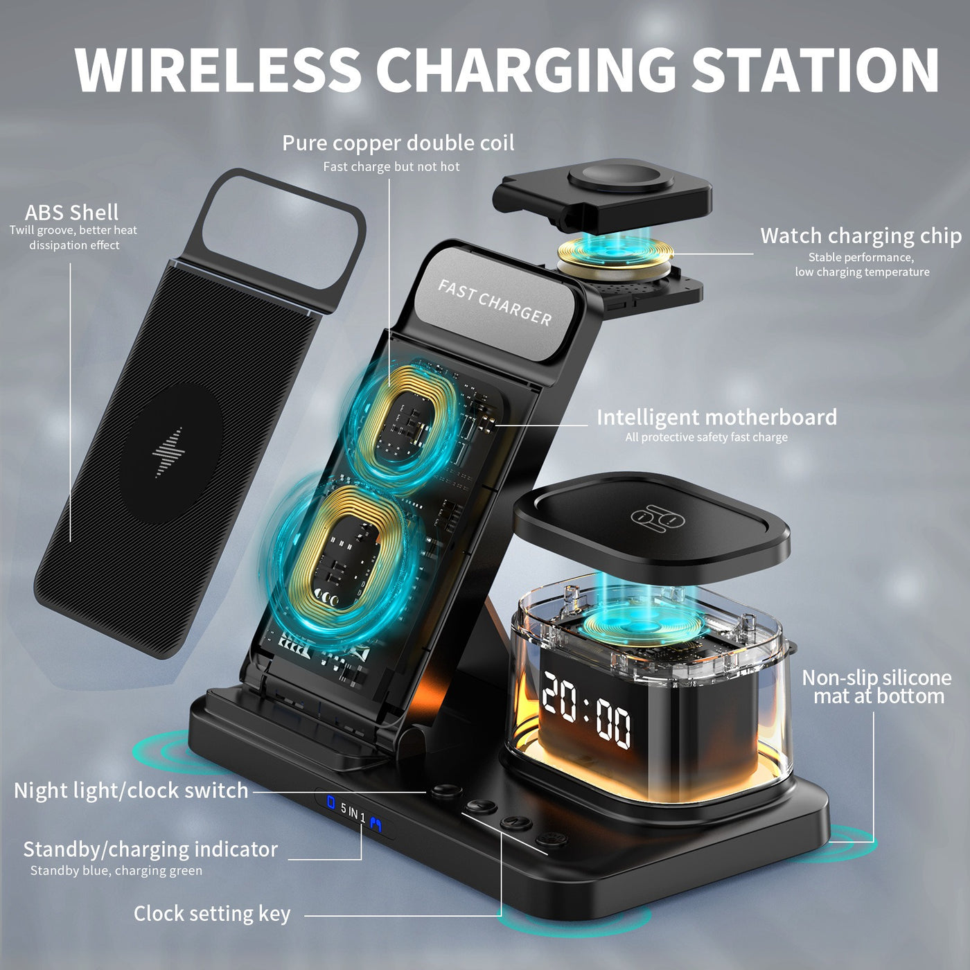 15W fast charging wireless charging folding five in one wireless charging mobile phone charging station card rechargeable