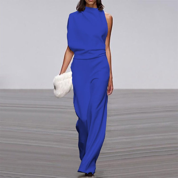 Solid color single shoulder pile up collar jumpsuit for women, hot selling hot selling dress pants