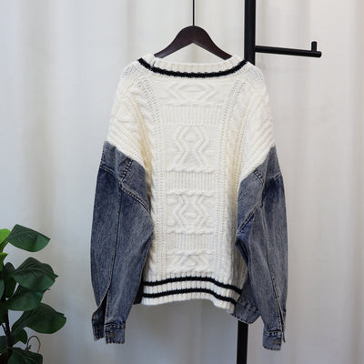 Cowboy patchwork knitted cardigan loose casual versatile lazy sweater jacket