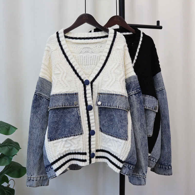 Cowboy patchwork knitted cardigan loose casual versatile lazy sweater jacket