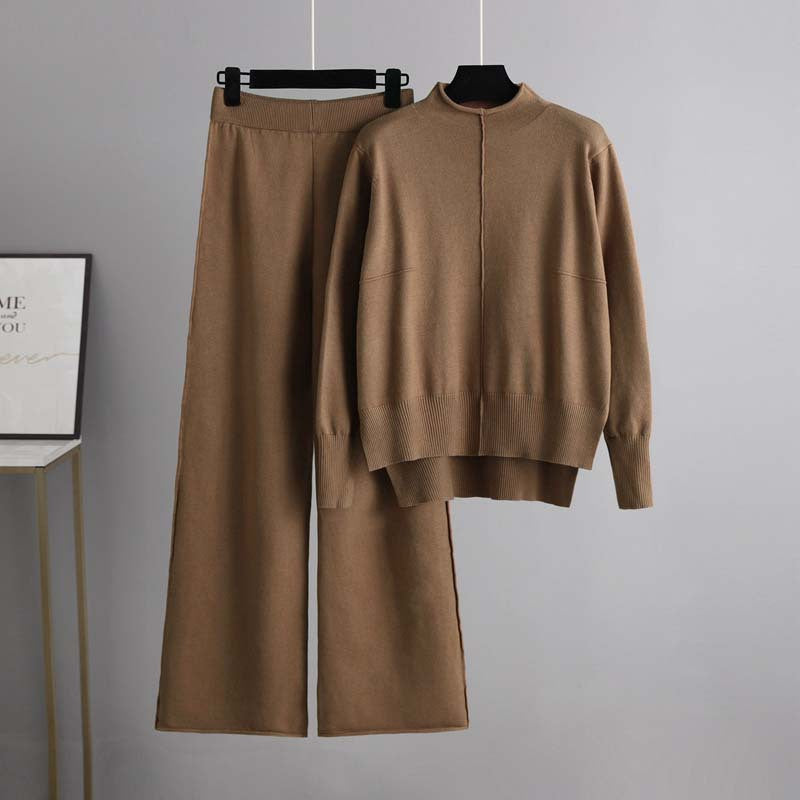 Knitted sweater two-piece set, women's autumn and winter loose casual wide leg pants set, internet famous temperament