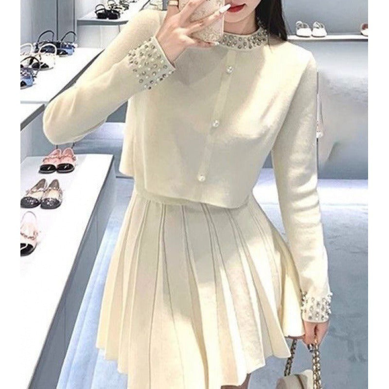 Heavy industry nail bead knitted suit cardigan high waisted pleated skirt two-piece set