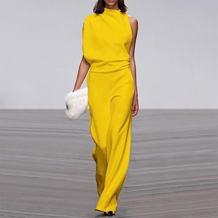 Solid color single shoulder pile up collar jumpsuit for women, hot selling hot selling dress pants