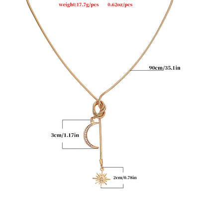 Simple Snake Bone Chain Sun Flower Diamond Crescent Pendant Necklace