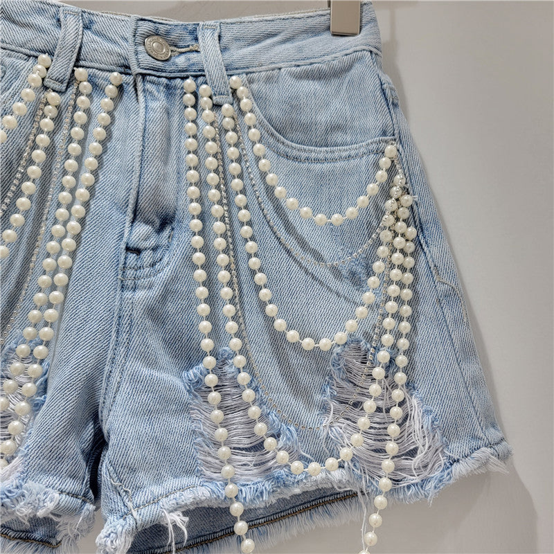 Chain handmade bead rough edge washed water personalized denim shorts high waist slimming hot pants