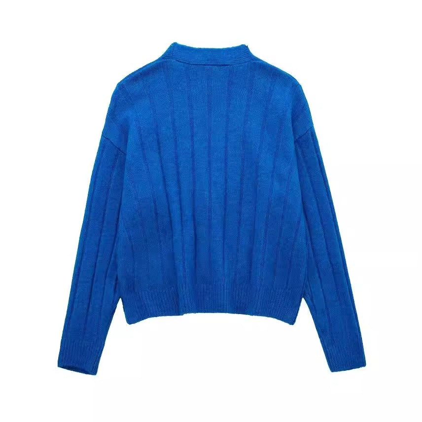 Fashion V-neck single breasted blue versatile knitted cardigan for women